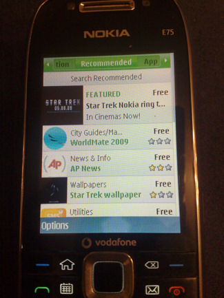 Ovi Store screenshot on the Nokia E75